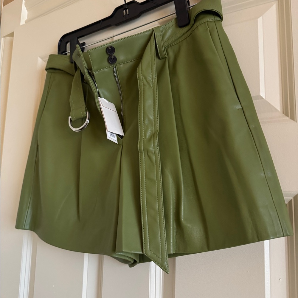 Rebecca Taylor Vegan Leather Belted Shorts in Green